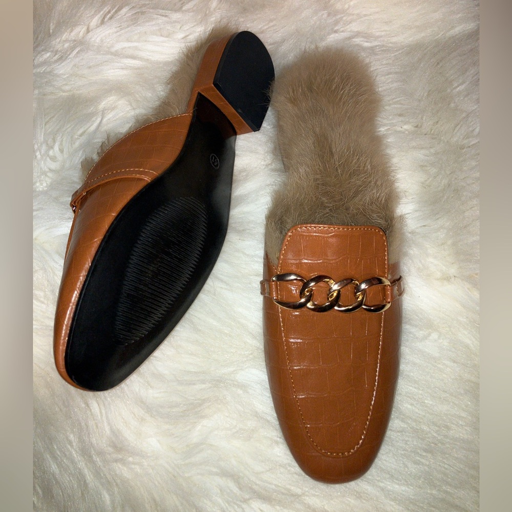 Crocodile Chain faux fur Brown Mules